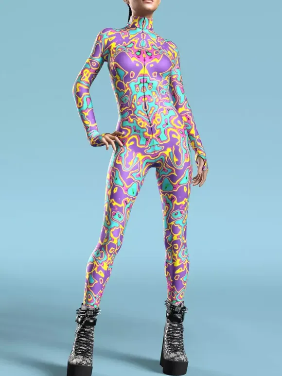 Cyberpunk Patterned Zentai Suits Women's Red Body Thermal Imaging Print Cosplay Jumpsuit Performance Costume Bodysuit Bodycon Large