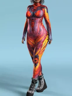 Cyberpunk Patterned Zentai Suits Women's Red Body Thermal Imaging Print Cosplay Jumpsuit Performance Costume Bodysuit Bodycon Large