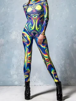 Cyberpunk Patterned Zentai Suits Cosplay Costumes Female Woman Sexy Suit Color Element Blue Muscle Bodysuit Adults High-waisted Sports Jumpsuit