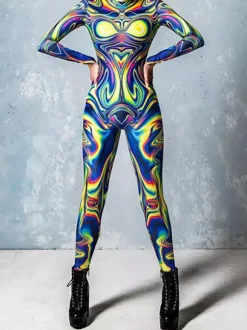 Cyberpunk Patterned Zentai Suits Cosplay Costumes Female Woman Sexy Suit Color Element Blue Muscle Bodysuit Adults High-waisted Sports Jumpsuit
