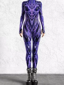 Cyberpunk Patterned Zentai Suits Purple Vein Circuit Women's Bodysuit 3D Printed Biotech Pattern Tight Jumpsuit