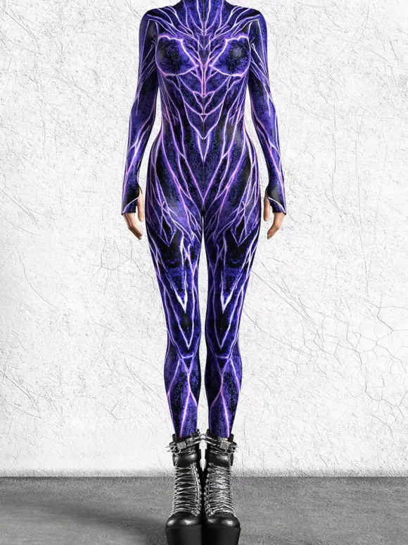 Cyberpunk Patterned Zentai Suits Purple Vein Circuit Women's Bodysuit 3D Printed Biotech Pattern Tight Jumpsuit