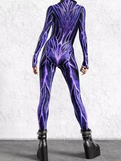 Cyberpunk Patterned Zentai Suits Purple Vein Circuit Women's Bodysuit 3D Printed Biotech Pattern Tight Jumpsuit