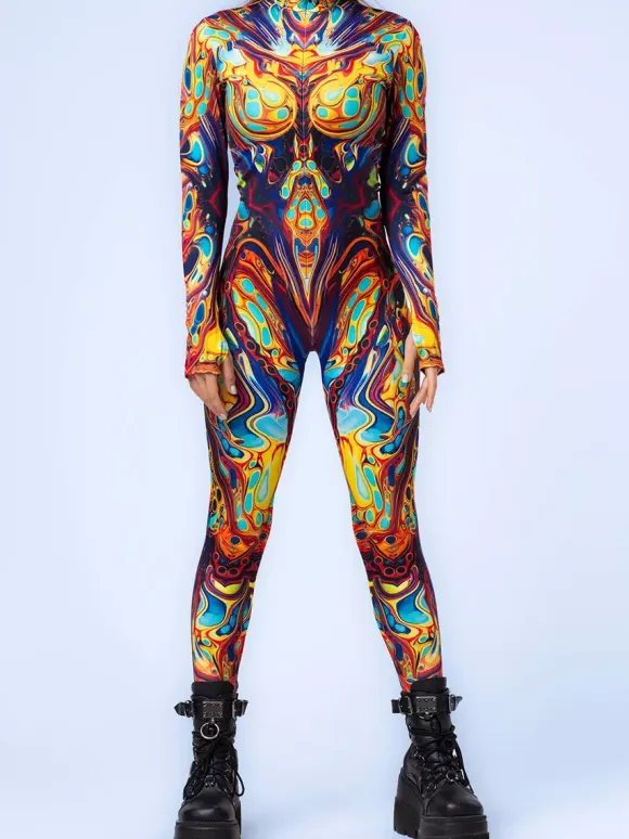 Cyberpunk Patterned Zentai Suits Women Jumpsuit Bodysuit Punk Hyun Color Zentai Catsuits