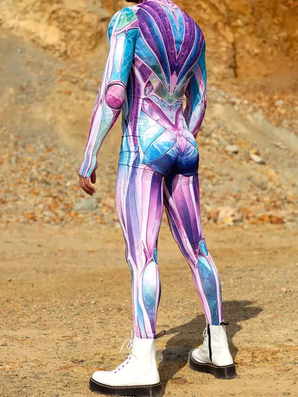 Cyberpunk Patterned Zentai Suits 3D Printing Jumpsuit Robot Bodysuit Cosplay Costume Skeleton Catsuit Men Zentai Party Clothes Elastic Carnival Romper
