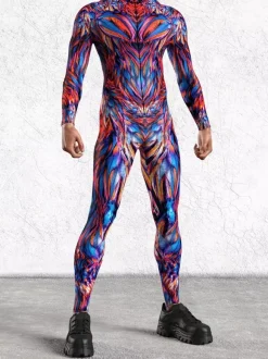 Cyberpunk Patterned Zentai Suits Adult Colorful Sci-fi Jumpsuit Cyberpunk Bodysuit Burning Men Zentai Suit Holiday Party Morphsuits Couple Rave Outfits