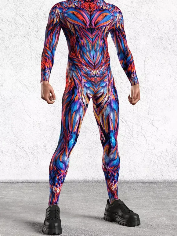 Cyberpunk Patterned Zentai Suits Adult Colorful Sci-fi Jumpsuit Cyberpunk Bodysuit Burning Men Zentai Suit Holiday Party Morphsuits Couple Rave Outfits