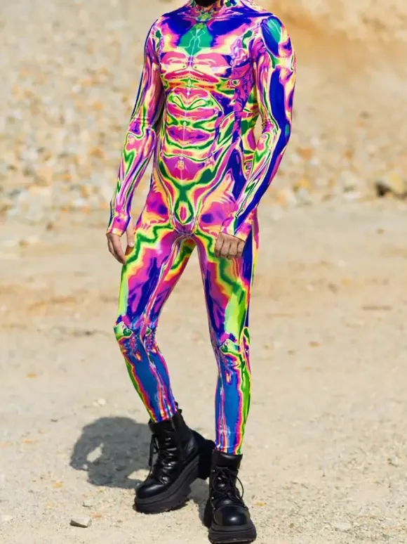 Cyberpunk Patterned Zentai Suits Adult Colorful Sci-fi Jumpsuit Cyberpunk Bodysuit Burning Men Zentai Suit Holiday Party Morphsuits Couple Rave Outfits