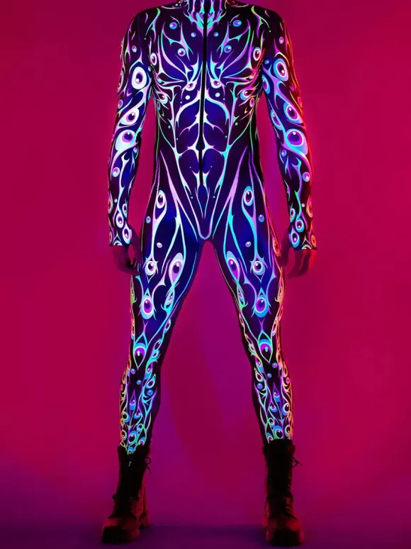 Cyberpunk Patterned Zentai Suits Adult Colorful Sci-fi Jumpsuit Cyberpunk Bodysuit Burning Men Zentai Suit Holiday Party Morphsuits Couple Rave Outfits