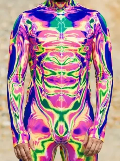 Cyberpunk Patterned Zentai Suits Adult Colorful Sci-fi Jumpsuit Cyberpunk Bodysuit Burning Men Zentai Suit Holiday Party Morphsuits Couple Rave Outfits