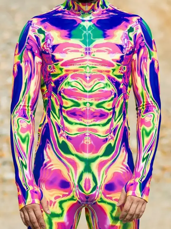 Cyberpunk Patterned Zentai Suits Adult Colorful Sci-fi Jumpsuit Cyberpunk Bodysuit Burning Men Zentai Suit Holiday Party Morphsuits Couple Rave Outfits