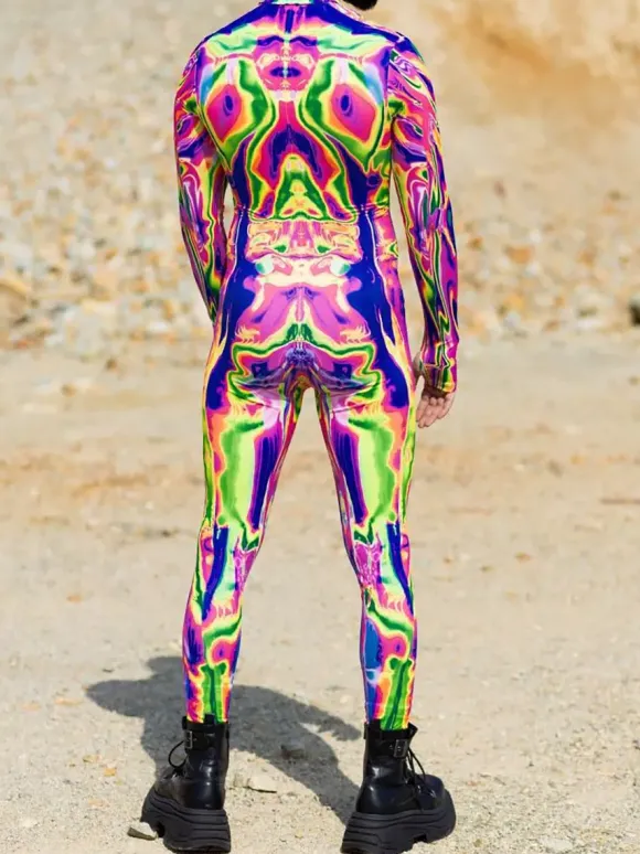 Cyberpunk Patterned Zentai Suits Adult Colorful Sci-fi Jumpsuit Cyberpunk Bodysuit Burning Men Zentai Suit Holiday Party Morphsuits Couple Rave Outfits