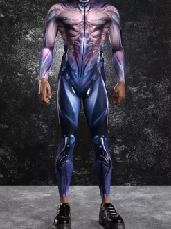 Cyberpunk Patterned Zentai Suits Adult Colorful Sci-fi Jumpsuit Cyberpunk Bodysuit Burning Men Zentai Suit Holiday Party Morphsuits Couple Rave Outfits
