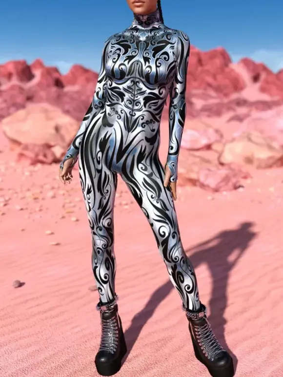 Cyberpunk Patterned Zentai Suits Silver-White Veined Women's Bodysuit 3D Printed Texture Metallic Sheen Jumpsuit