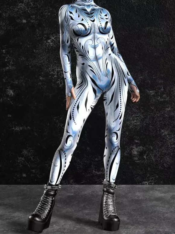 Cyberpunk Patterned Zentai Suits Silver-White Veined Women's Bodysuit 3D Printed Texture Metallic Sheen Jumpsuit