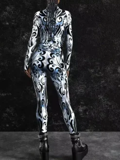 Cyberpunk Patterned Zentai Suits Silver-White Veined Women's Bodysuit 3D Printed Texture Metallic Sheen Jumpsuit