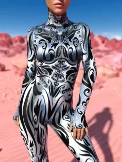 Cyberpunk Patterned Zentai Suits Silver-White Veined Women's Bodysuit 3D Printed Texture Metallic Sheen Jumpsuit