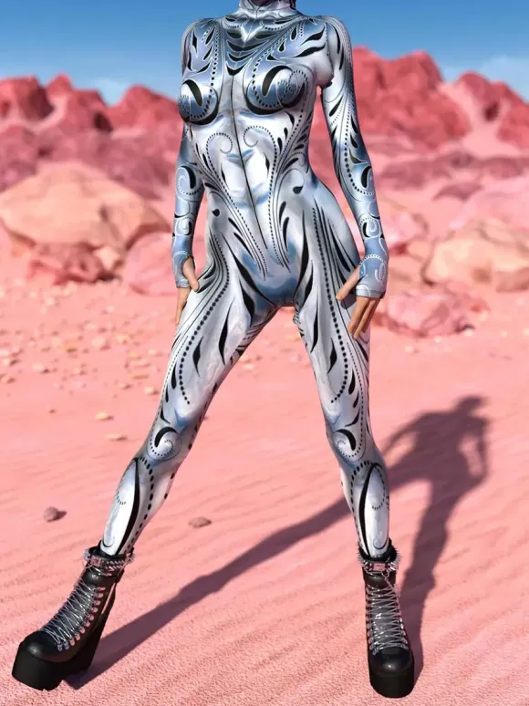 Cyberpunk Patterned Zentai Suits Silver-White Veined Women's Bodysuit 3D Printed Texture Metallic Sheen Jumpsuit