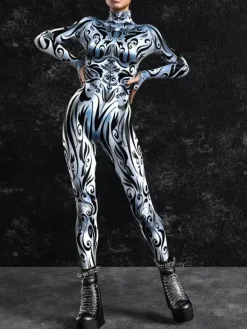 Cyberpunk Patterned Zentai Suits Silver-White Veined Women's Bodysuit 3D Printed Texture Metallic Sheen Jumpsuit
