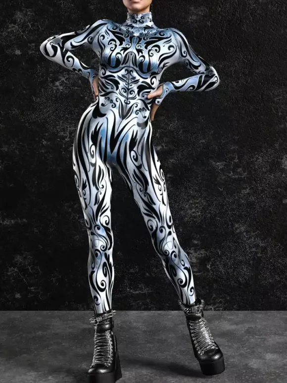 Cyberpunk Patterned Zentai Suits Silver-White Veined Women's Bodysuit 3D Printed Texture Metallic Sheen Jumpsuit