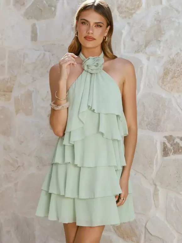 3D Flower Halter Mini Dress For Women - Elegant Rosette Tiered Ruffle Chiffon Backless Sun Dress - Summer Wedding Guest 2026