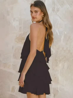 3D Flower Halter Mini Dress For Women - Elegant Rosette Tiered Ruffle Chiffon Backless Sun Dress - Summer Wedding Guest 2026