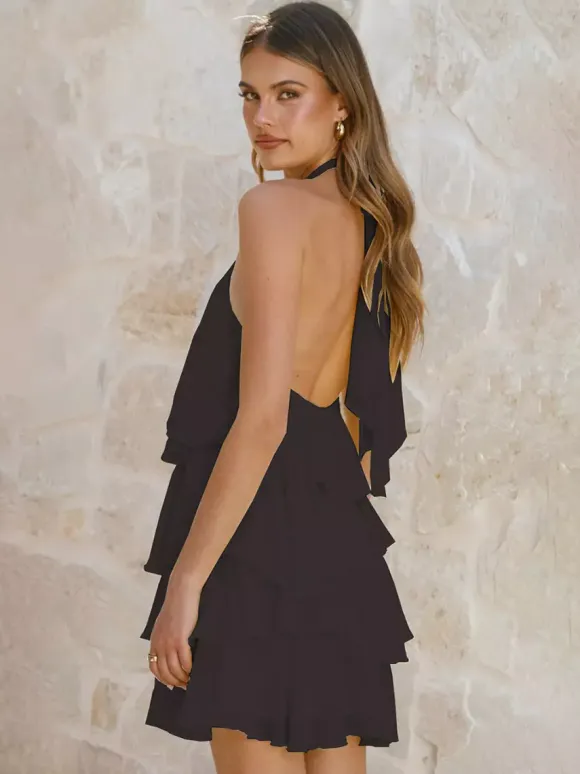 3D Flower Halter Mini Dress For Women - Elegant Rosette Tiered Ruffle Chiffon Backless Sun Dress - Summer Wedding Guest 2026