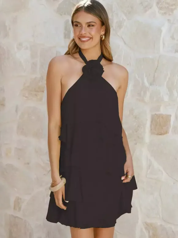 3D Flower Halter Mini Dress For Women - Elegant Rosette Tiered Ruffle Chiffon Backless Sun Dress - Summer Wedding Guest 2026
