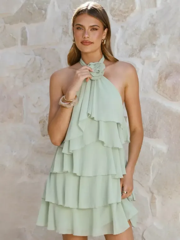 3D Flower Halter Mini Dress For Women - Elegant Rosette Tiered Ruffle Chiffon Backless Sun Dress - Summer Wedding Guest 2026