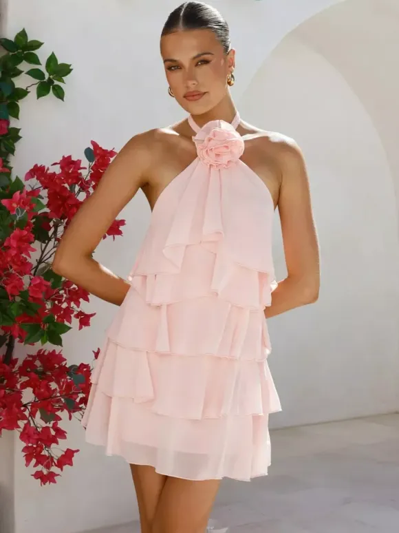 3D Flower Halter Mini Dress For Women - Elegant Rosette Tiered Ruffle Chiffon Backless Sun Dress - Summer Wedding Guest 2026