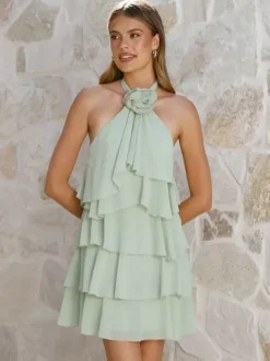 3D Flower Halter Mini Dress For Women - Elegant Rosette Tiered Ruffle Chiffon Backless Sun Dress - Summer Wedding Guest 2026