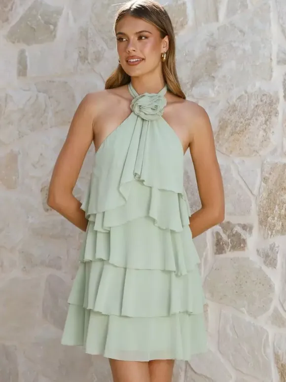 3D Flower Halter Mini Dress For Women - Elegant Rosette Tiered Ruffle Chiffon Backless Sun Dress - Summer Wedding Guest 2026