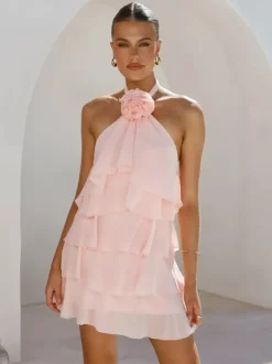 3D Flower Halter Mini Dress For Women - Elegant Rosette Tiered Ruffle Chiffon Backless Sun Dress - Summer Wedding Guest 2026