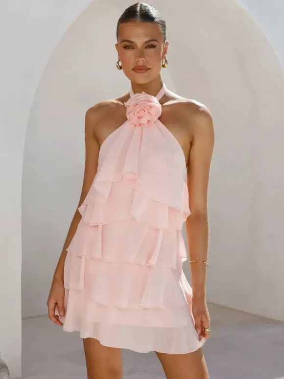3D Flower Halter Mini Dress For Women - Elegant Rosette Tiered Ruffle Chiffon Backless Sun Dress - Summer Wedding Guest 2026