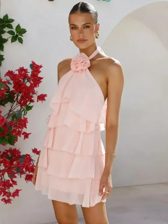 3D Flower Halter Mini Dress For Women - Elegant Rosette Tiered Ruffle Chiffon Backless Sun Dress - Summer Wedding Guest 2026