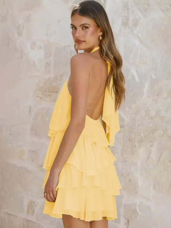 3D Flower Halter Mini Dress For Women - Elegant Rosette Tiered Ruffle Chiffon Backless Sun Dress - Summer Wedding Guest 2026