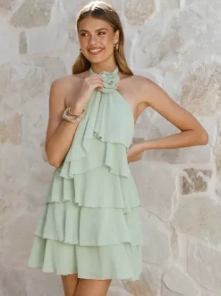 3D Flower Halter Mini Dress For Women - Elegant Rosette Tiered Ruffle Chiffon Backless Sun Dress - Summer Wedding Guest 2026