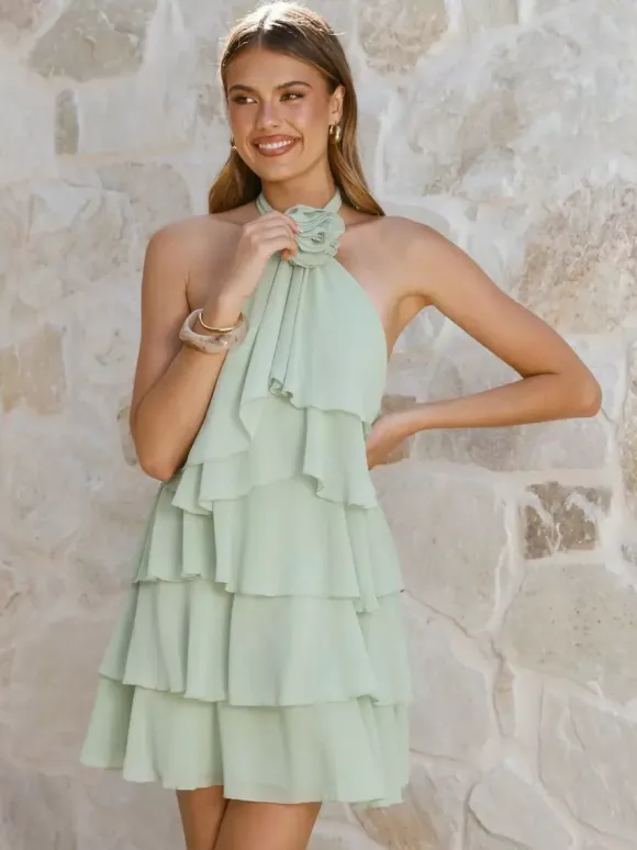 3D Flower Halter Mini Dress For Women - Elegant Rosette Tiered Ruffle Chiffon Backless Sun Dress - Summer Wedding Guest 2026