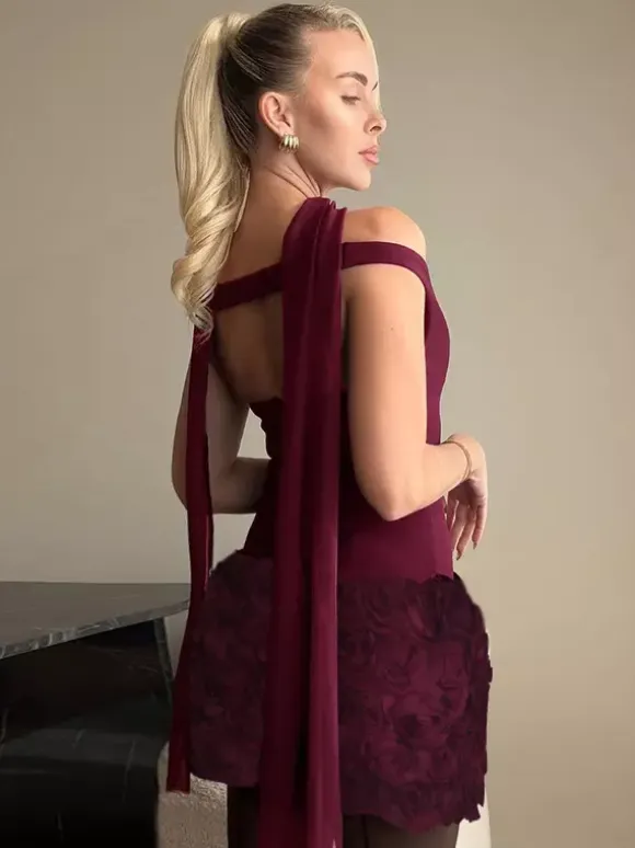 3D Rose Petal Hem Burgundy Women Mini Dress - Romantic Bodycon Dress With Scarf - Coquette Aesthetic Summer Party Outfit 2026