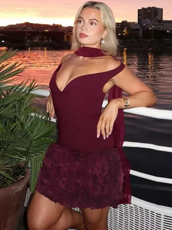 3D Rose Petal Hem Burgundy Women Mini Dress - Romantic Bodycon Dress With Scarf - Coquette Aesthetic Summer Party Outfit 2026