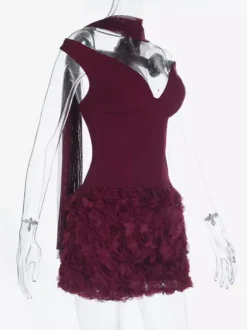 3D Rose Petal Hem Burgundy Women Mini Dress - Romantic Bodycon Dress With Scarf - Coquette Aesthetic Summer Party Outfit 2026