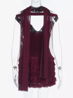 3D Rose Petal Hem Burgundy Women Mini Dress - Romantic Bodycon Dress With Scarf - Coquette Aesthetic Summer Party Outfit 2026