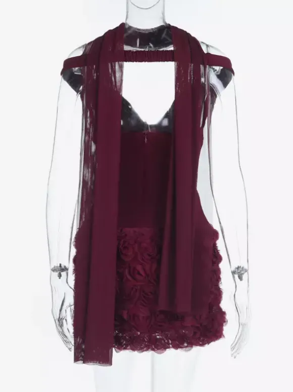 3D Rose Petal Hem Burgundy Women Mini Dress - Romantic Bodycon Dress With Scarf - Coquette Aesthetic Summer Party Outfit 2026