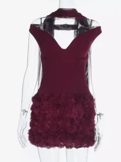 3D Rose Petal Hem Burgundy Women Mini Dress - Romantic Bodycon Dress With Scarf - Coquette Aesthetic Summer Party Outfit 2026