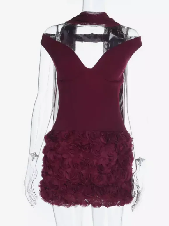 3D Rose Petal Hem Burgundy Women Mini Dress - Romantic Bodycon Dress With Scarf - Coquette Aesthetic Summer Party Outfit 2026