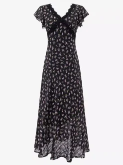 Daily Dresses Black Shaping Lace Short Sleeves High Collar Raised Waist Cap Sleeves Dress