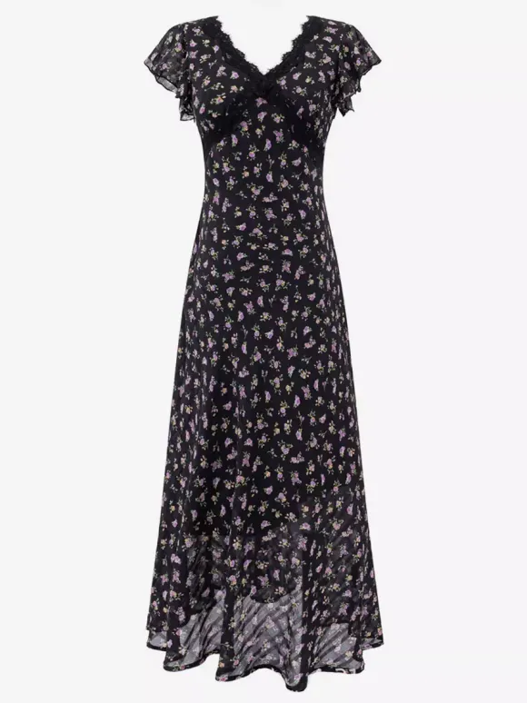 Daily Dresses Black Shaping Lace Short Sleeves High Collar Raised Waist Cap Sleeves Dress