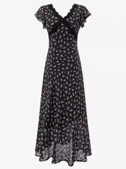 Daily Dresses Black Shaping Lace Short Sleeves High Collar Raised Waist Cap Sleeves Dress