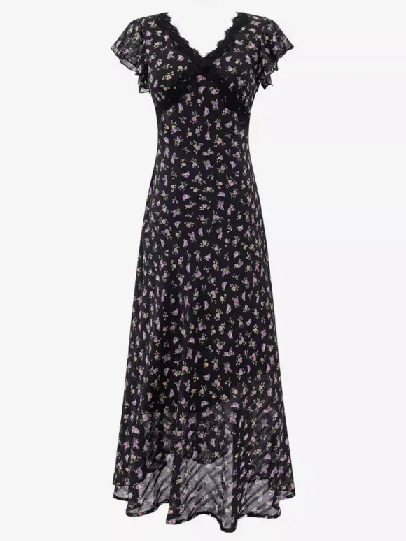 Daily Dresses Black Shaping Lace Short Sleeves High Collar Raised Waist Cap Sleeves Dress
