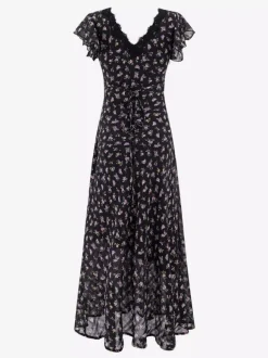 Daily Dresses Black Shaping Lace Short Sleeves High Collar Raised Waist Cap Sleeves Dress